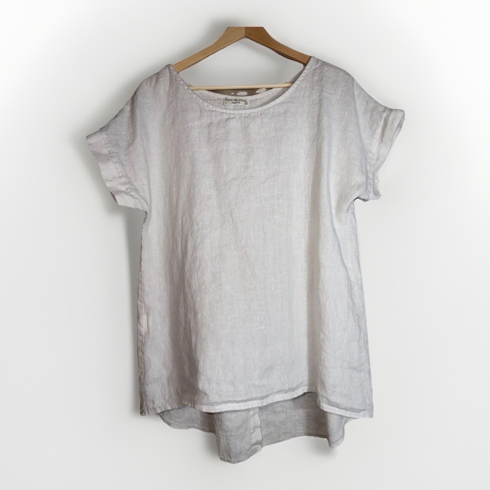 Terzo Millennio Sand 100% Linen Short Sleeve Hi-Low Hem Tunic Top Size Small